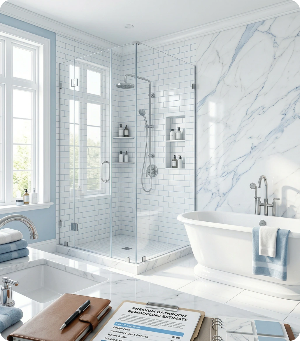 Luxurious modern bathroom with glass shower and freestanding tub